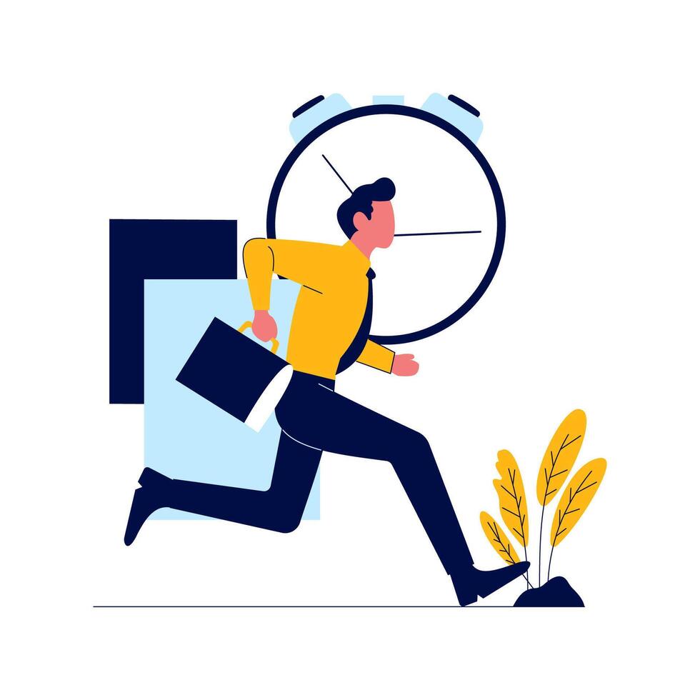 Employee Businessman Man Holding Suitcase Running Fast Go to Work with Time Beaker Clock vector