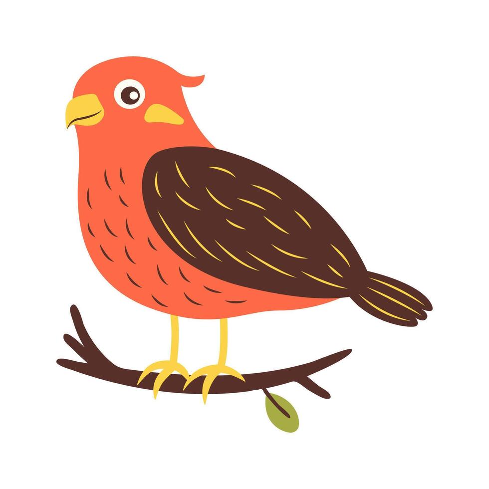 Cute Eagle Hawk Falcon Bird Animal Cartoon Character Perched on Tree Branch vector