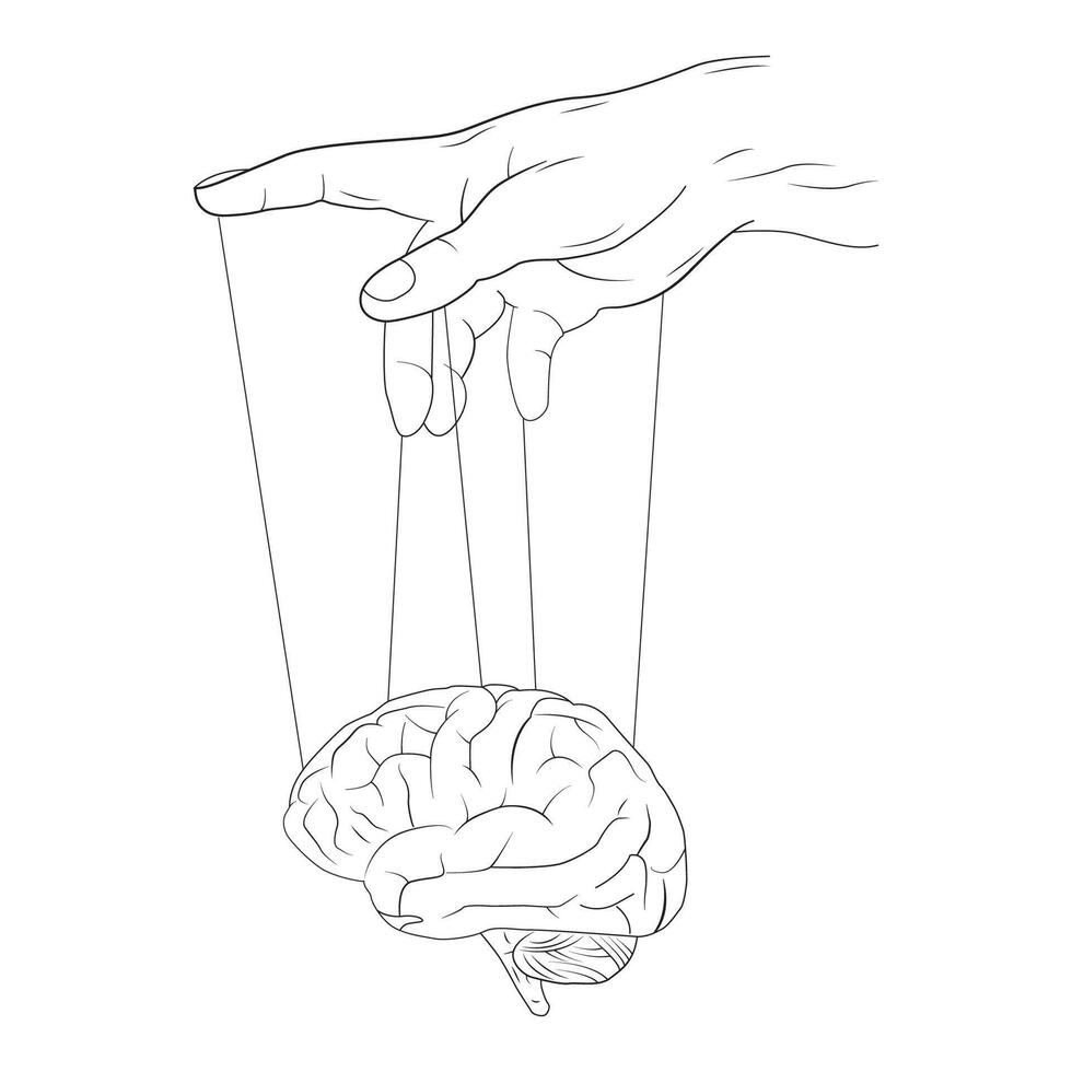 A human hand is manipulating a brain with strings, as if controlling a puppet. vector