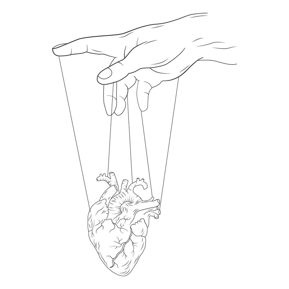 A human hand is manipulating a heart with strings, as if controlling a puppet. vector