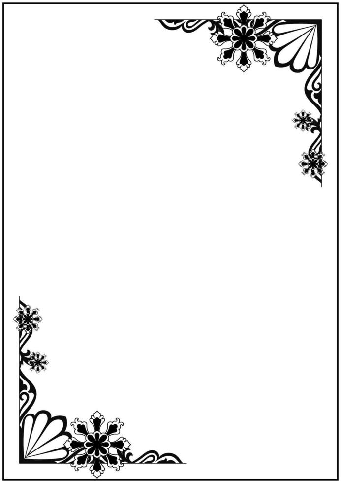 Vintage frame decorated with abstract flower corners. Book cover, black lines vector