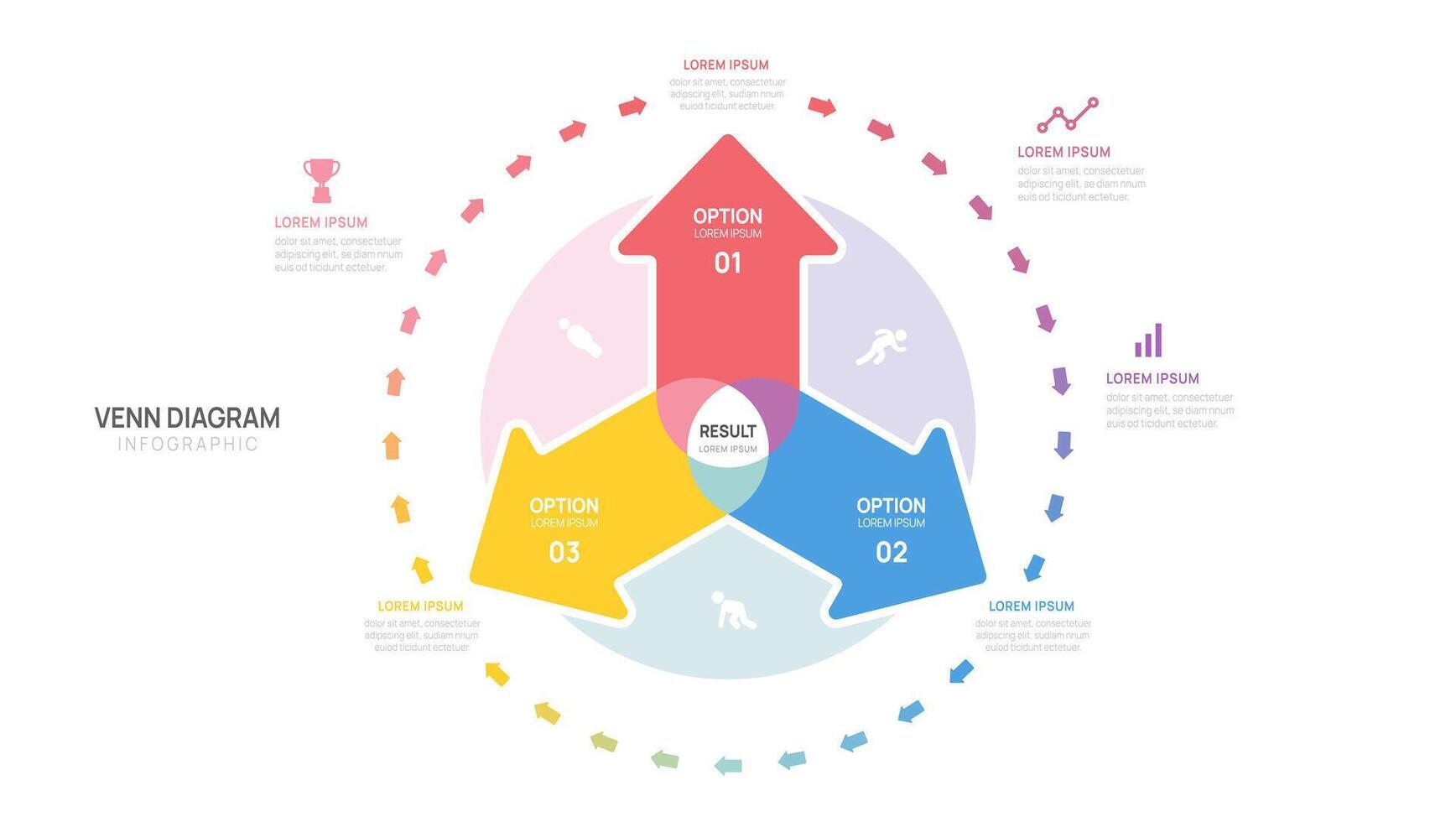 Infographic Venn diagram chart arrow template for business 3 steps options with venn diagram elements illustration. vector