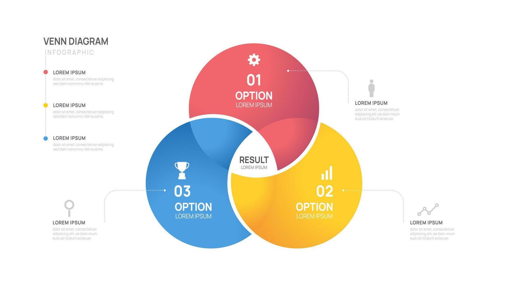 Infographic Venn diagram chart template for business 3 parts, options, presentation with venn diagram elements illustration. vector