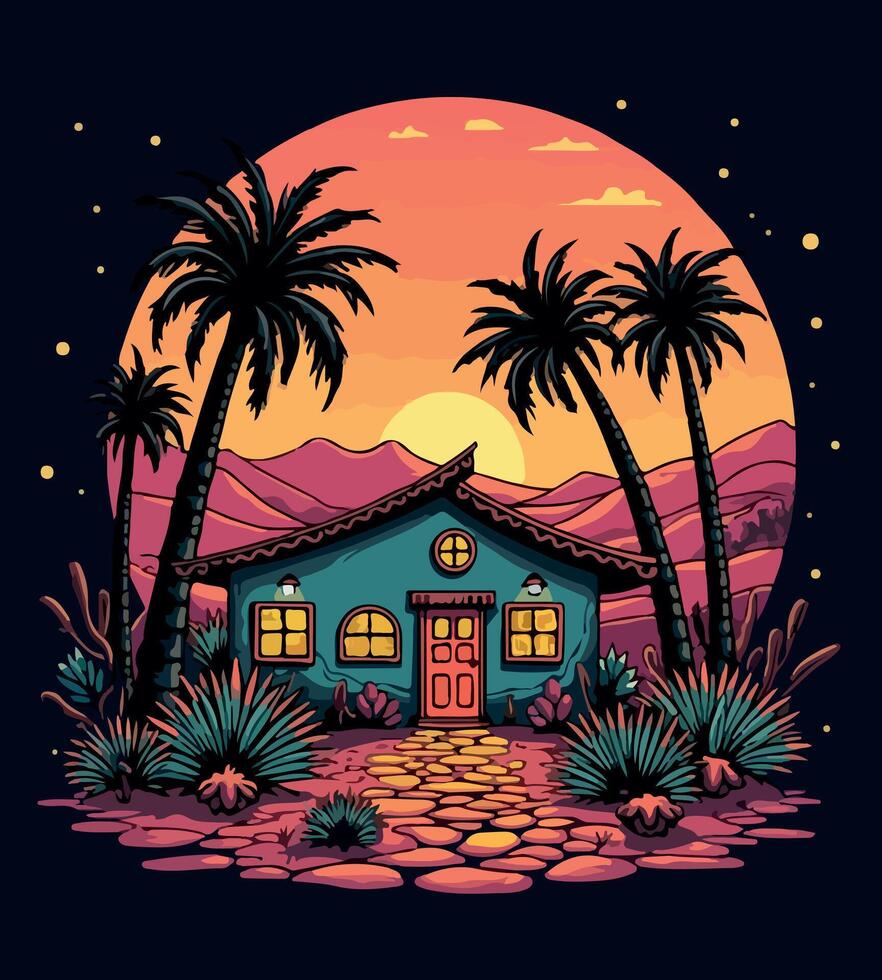 a blue house with palm trees and a sunset in the background. vector