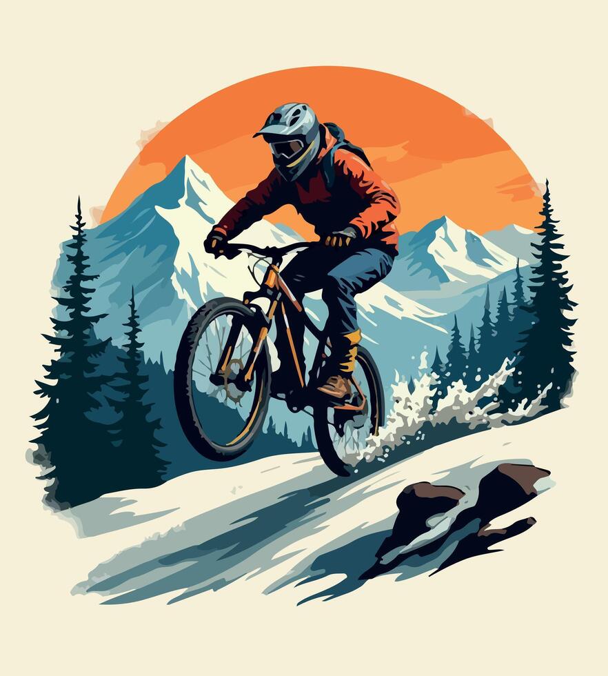 a tshirt design for a mountain biker with a sunset in the background vector