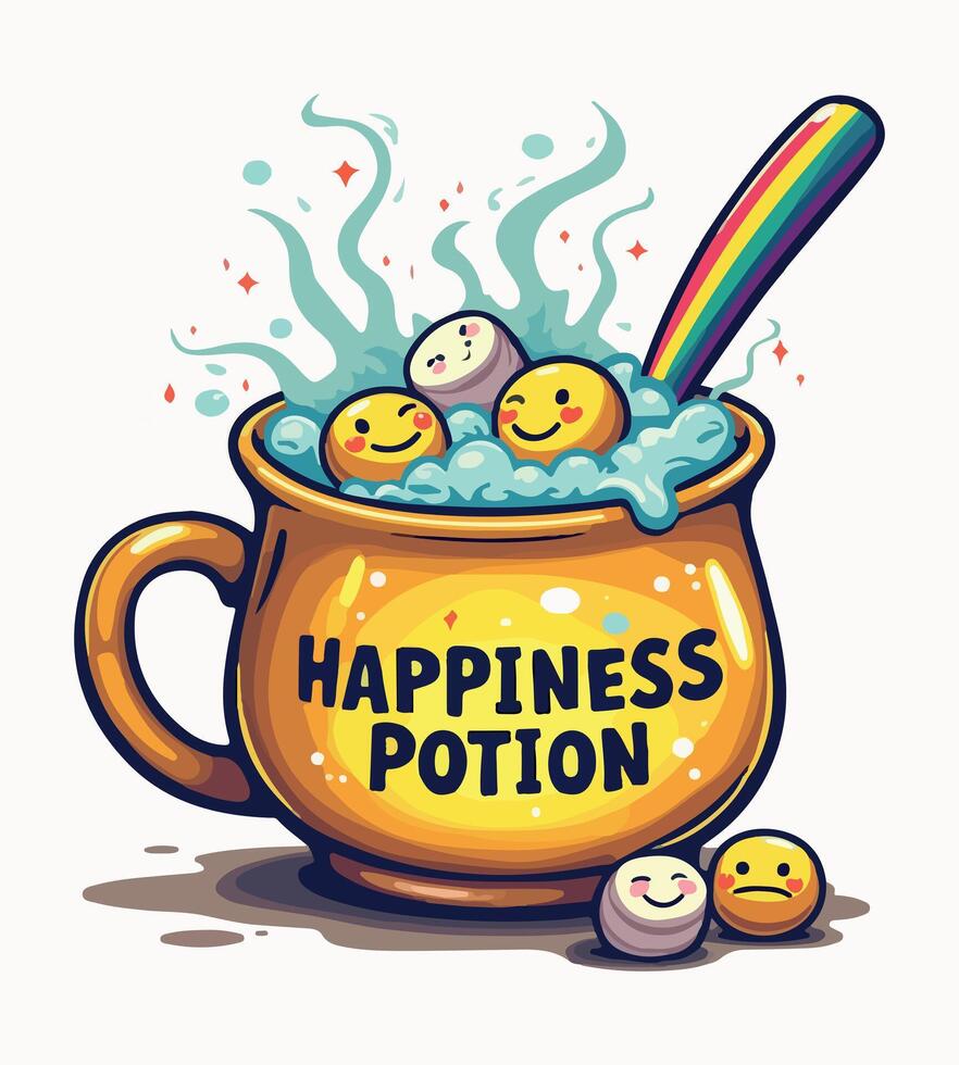 a cartoon drawing of happy happiness pot with a rainbow on the top. vector