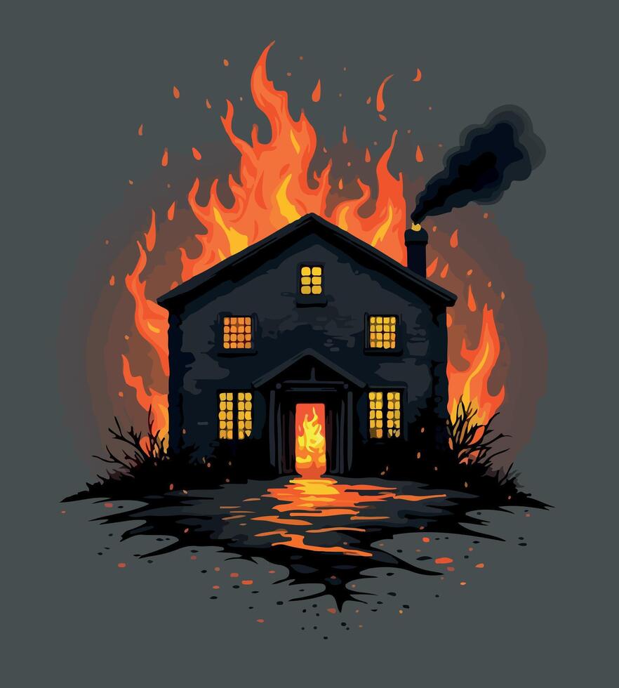 a house with a burning fire in the background vector