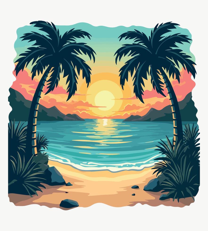 a sunset with palm trees on the beach. vector