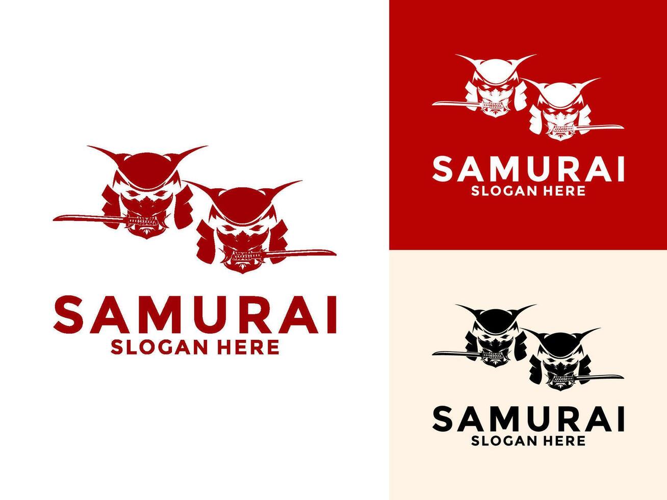 Samurai Twin with oni mask logo, Japanese Warrior Samurai Knight logo design template vector