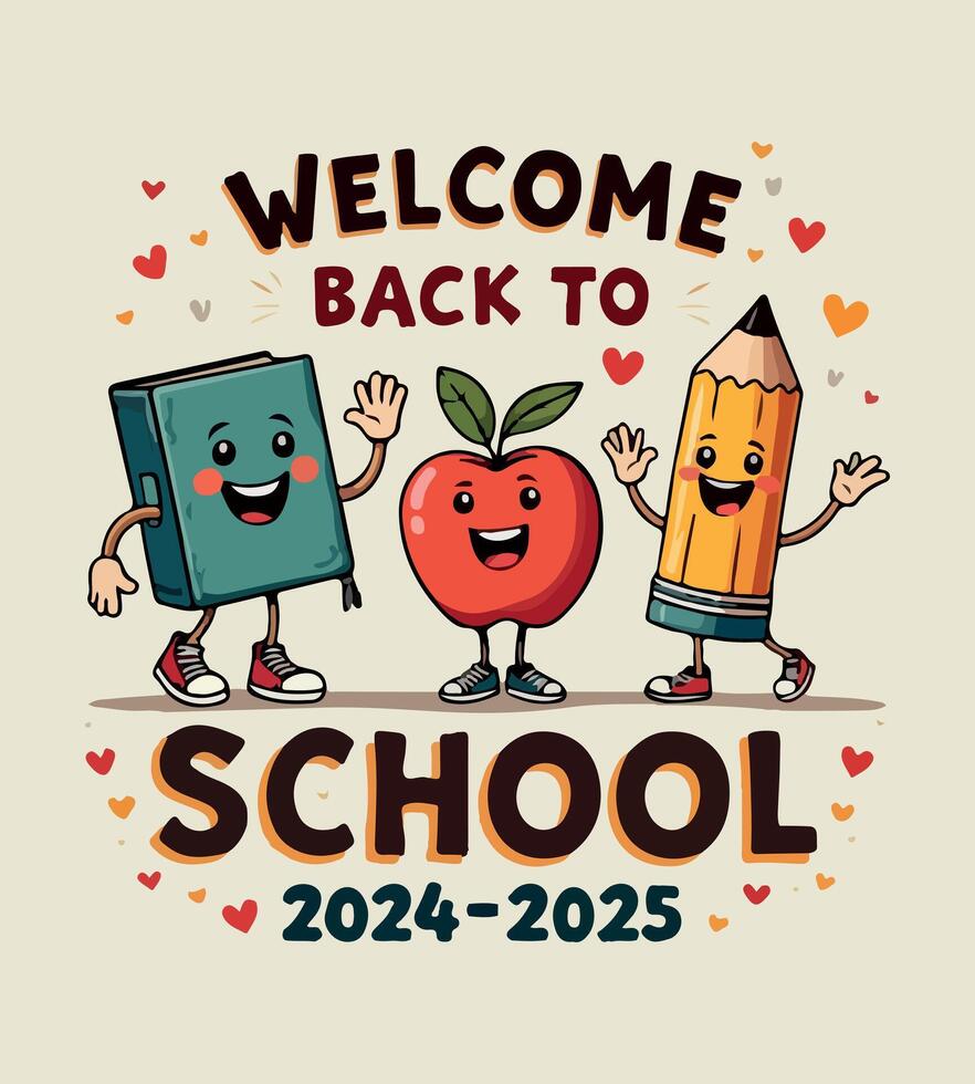 a tshirt design with a cartoon of school supplies saying welcome to school vector