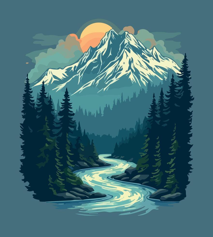 Adobe Illustrator Artworka river runs through a forest with a full moon and a mountain in the background. vector