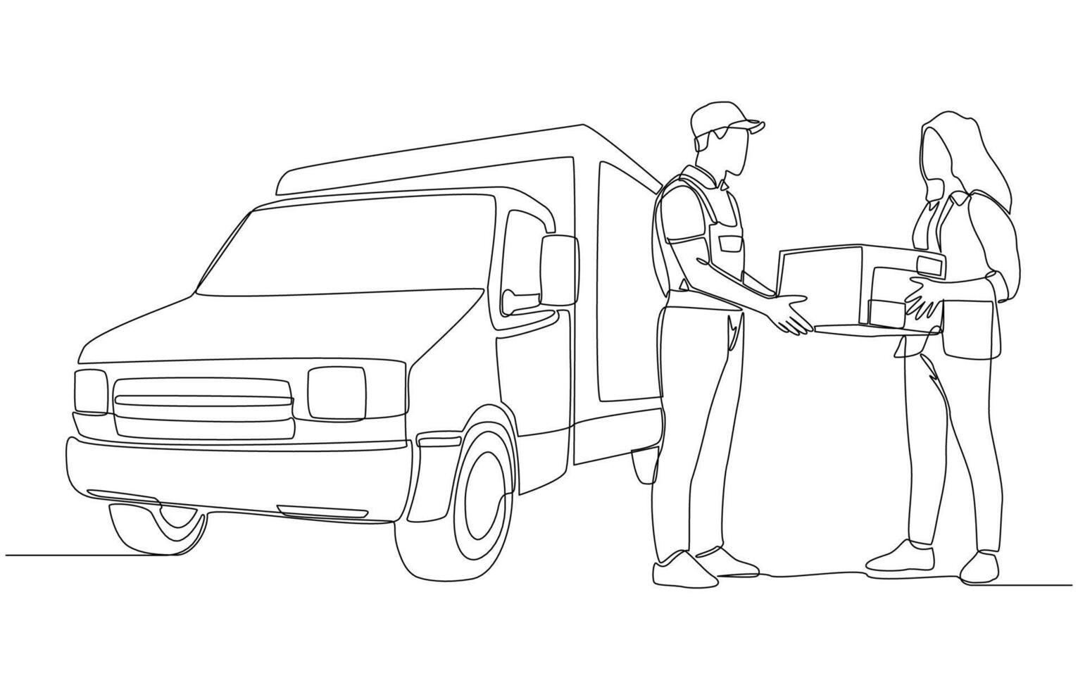 Continuous one line drawing of delivery man standing beside pickup delivery truck handing parcel box to customer, delivery service concept, single line art. vector