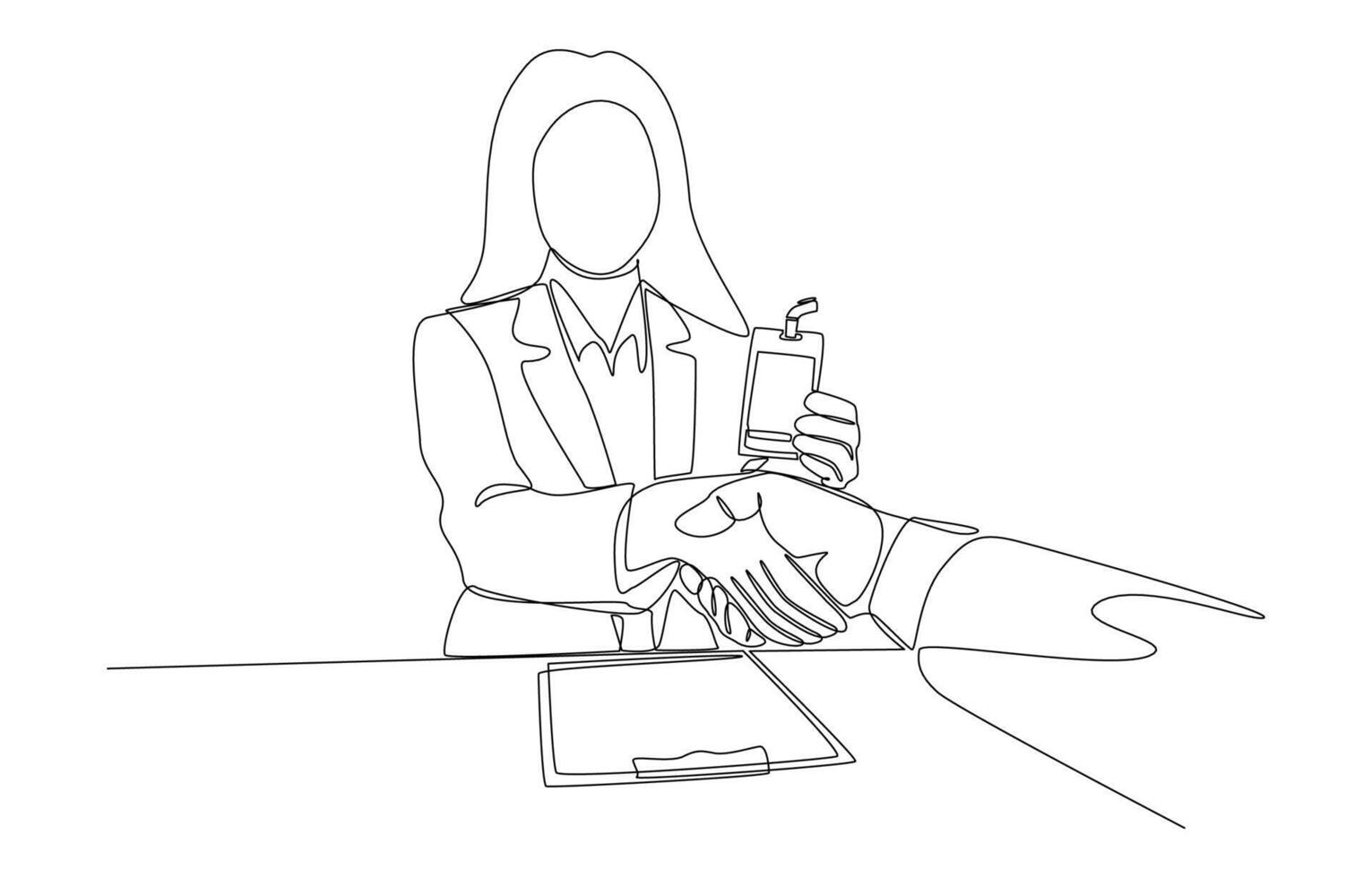 Continuous one line drawing of hr officer giving employee ID badge to new employee, entering work for the first time concept, single line art. vector