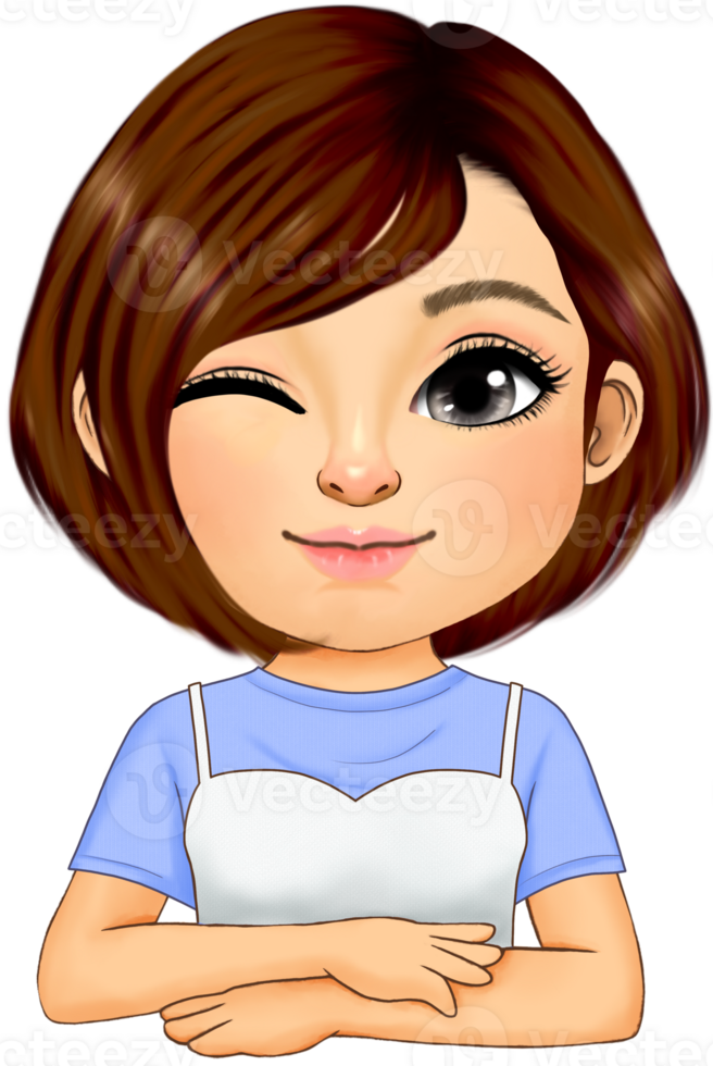 Cute Girl with short hair wearing blue t shirt on top white single strap outfit half body png