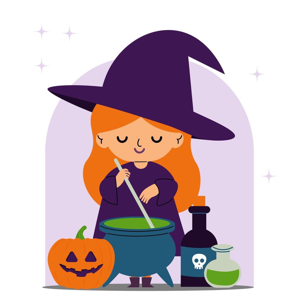 A Cute witch is brewing a potion. A template for Halloween. illustration. vector