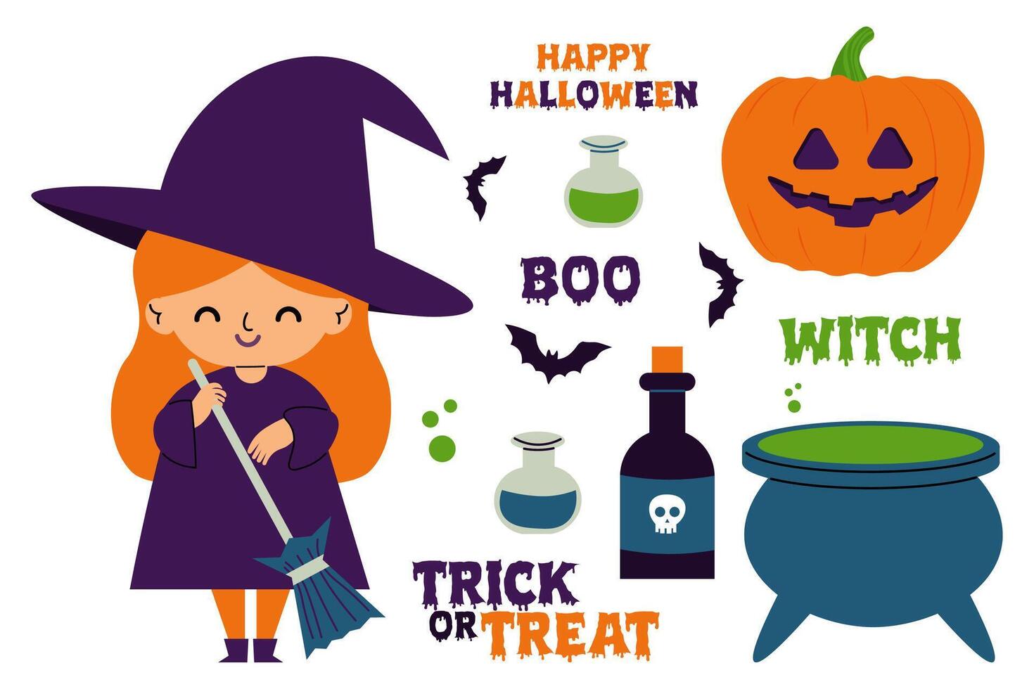 Cute stickers set for Halloween. witch, bats cauldron jack lantern pumpkins, lettering. illustration. vector