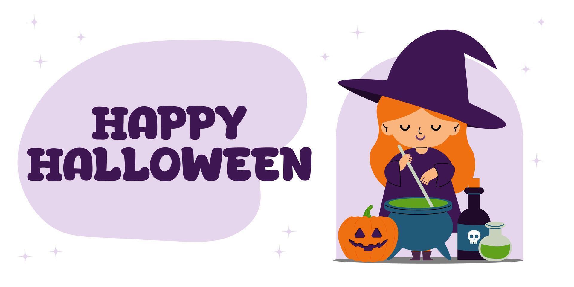 witch with bubbling cauldron, pumpkin, create a festive Halloween atmosphere. Template banner. invitation. vector