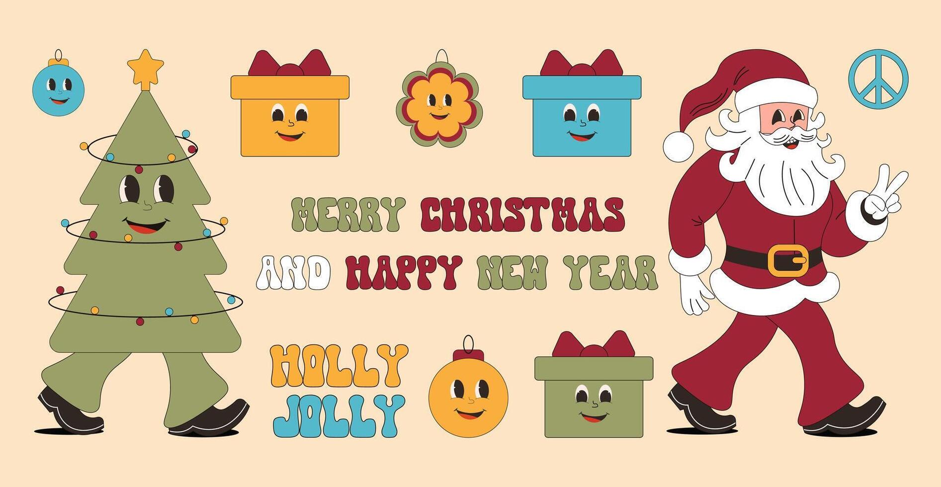 Groovy Christmas. Set of Santa Claus, Christmas tree, gift, tree in trendy retro cartoon style. stickers. vector