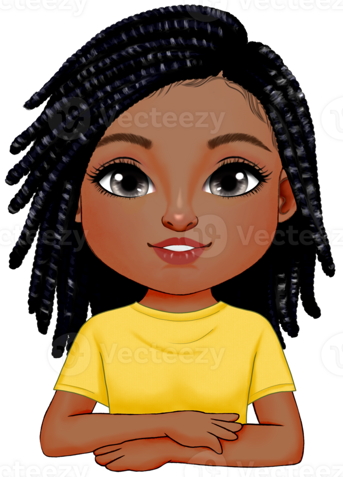 Cute black girl with dreadlocks hairstyle wearing yellow t shirt outfit half body png
