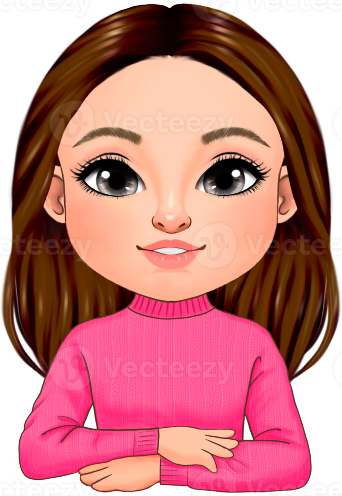 Cute girl with long hair wearing pink sweater outfit half body png
