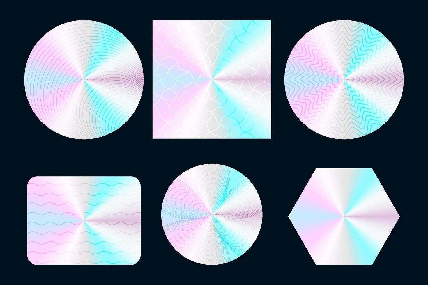 Set of hologram label. geometric shapes illustration. Collection of holographic sticker quality emblem on black background. certification product. vector