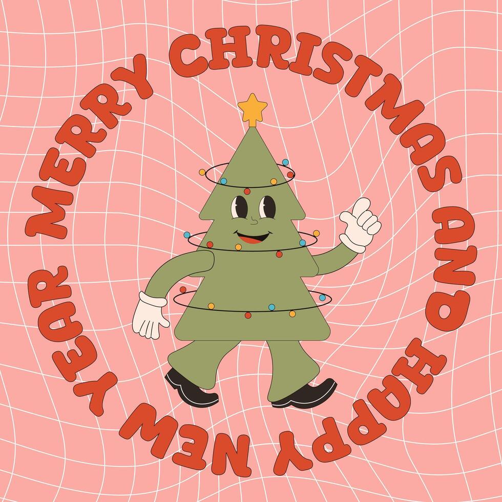 Groovy hippie Christmas tree. trendy retro style. Merry Christmas and Happy New year greeting card, poster, invitation, banner. vector