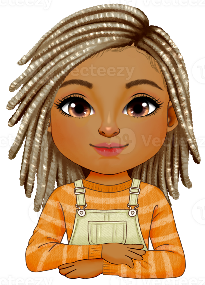 Cute black girl with gold dreadlocks hairstyle wearing orange sweater and cream denim overalls outfit half body png