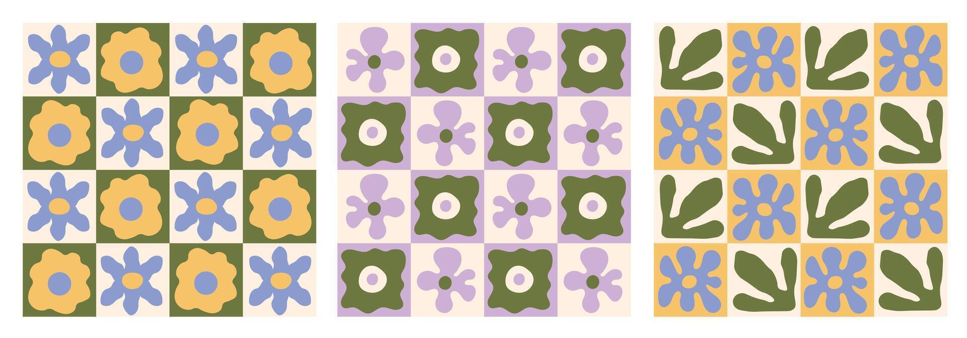 Checkered Floral Seamless Patterns Set in Vintage style vector