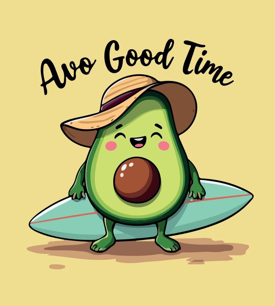 a cartoon of an avocado with a hat on his head and a surfboard with a cartoon image of an avocado vector