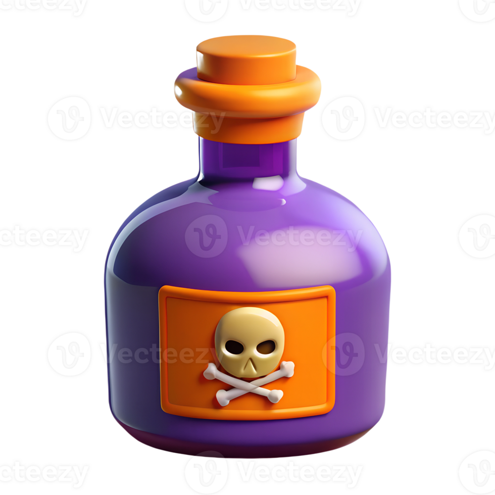 Glass bottle of deadly poison 3d rendered illustration. Halloween concept design element png