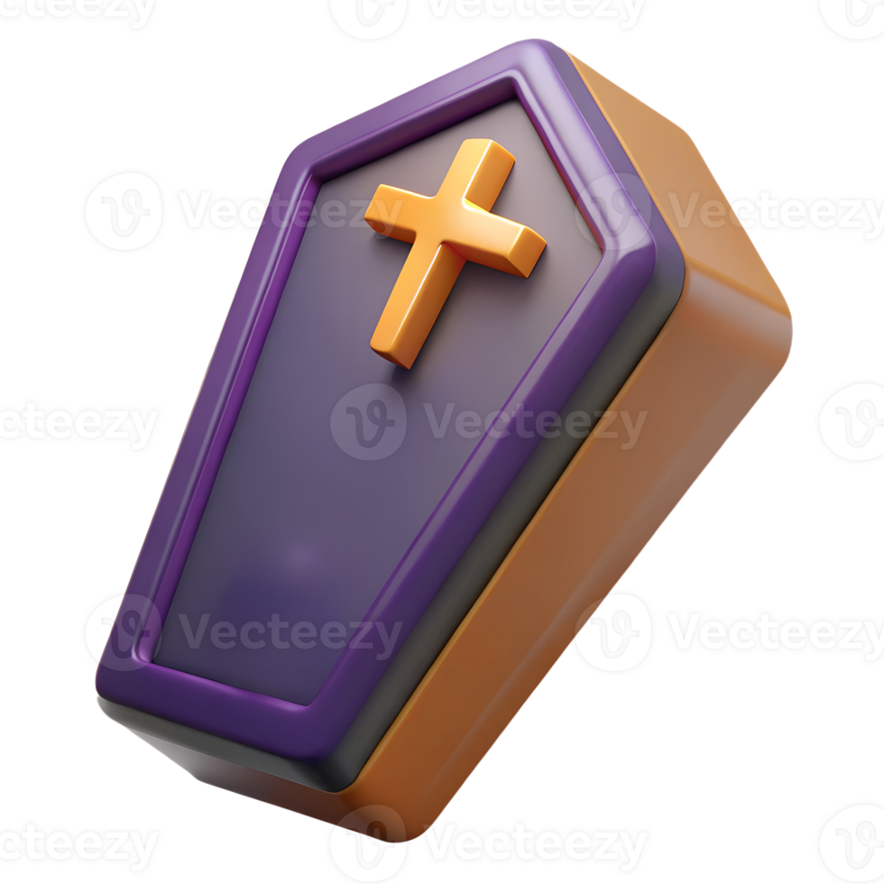 Halloween coffin with a cross 3d rendered illustration. Halloween concept design element png