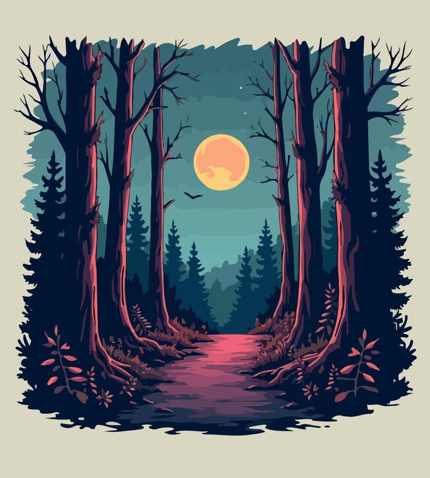 a forest path with a full moon in the background. vector