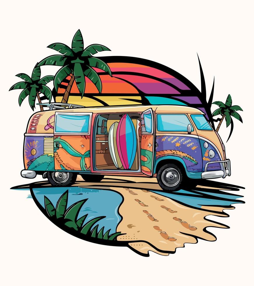 a colorful van with palm trees on the top and a colorful top. vector
