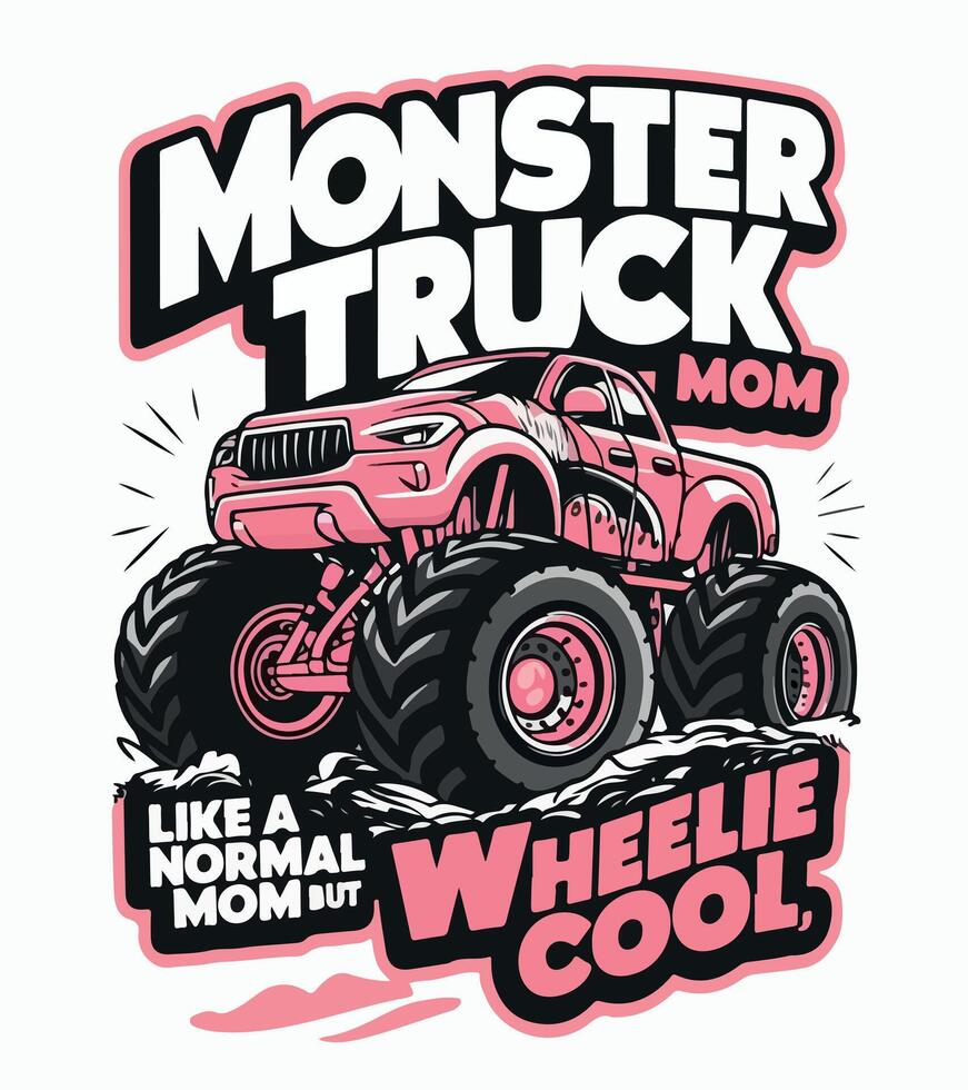 a pink monster truck with the words monster truck on it vector