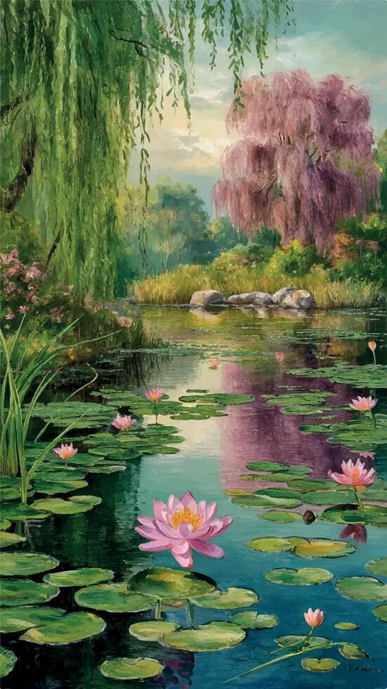 a painting of a pond with a pond and a pond with pink water lilies. vector