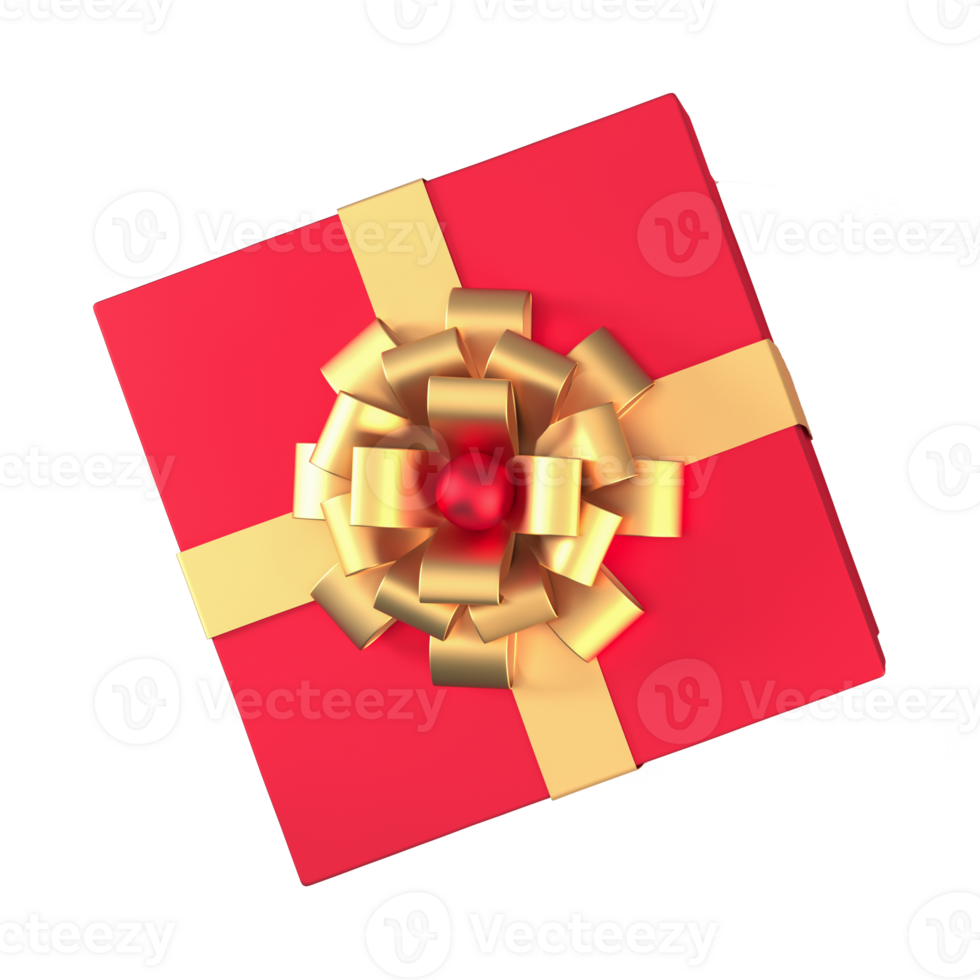 Top view of 3d red gift box with gold ribbon and bow isolated on transparent background. png