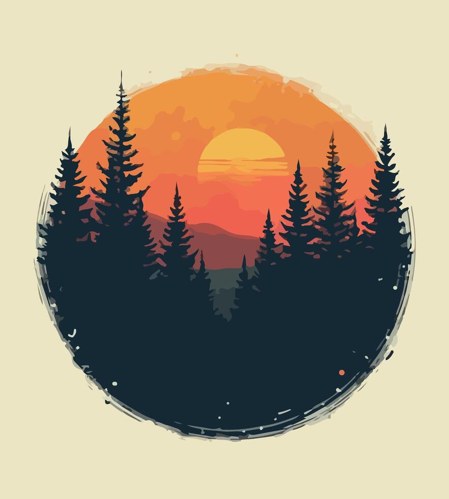 a sunset with pine trees and a round circle with a moon in the background. vector