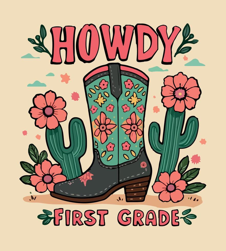 a cartoon of a cowboy boots with flowers and a pair of boots. vector