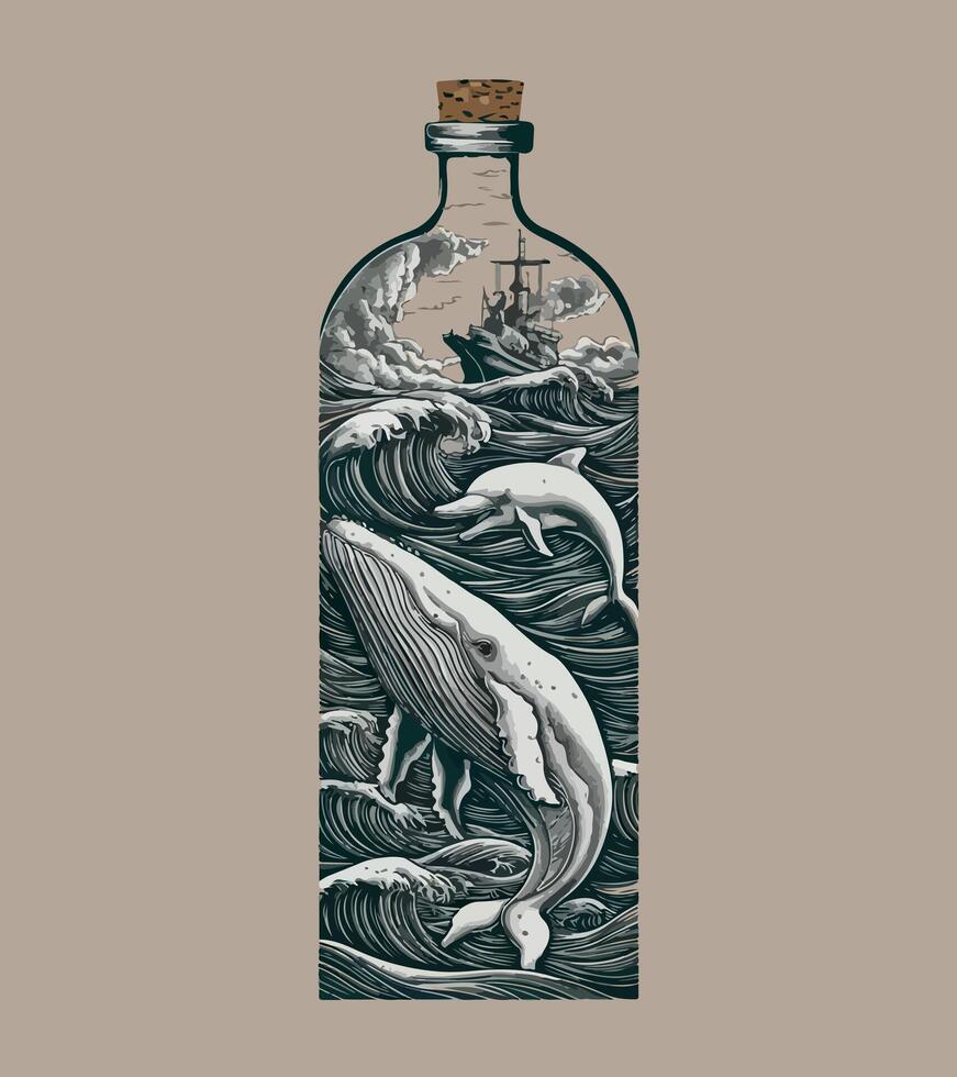 a bottle of dolphins with a ship in the background vector