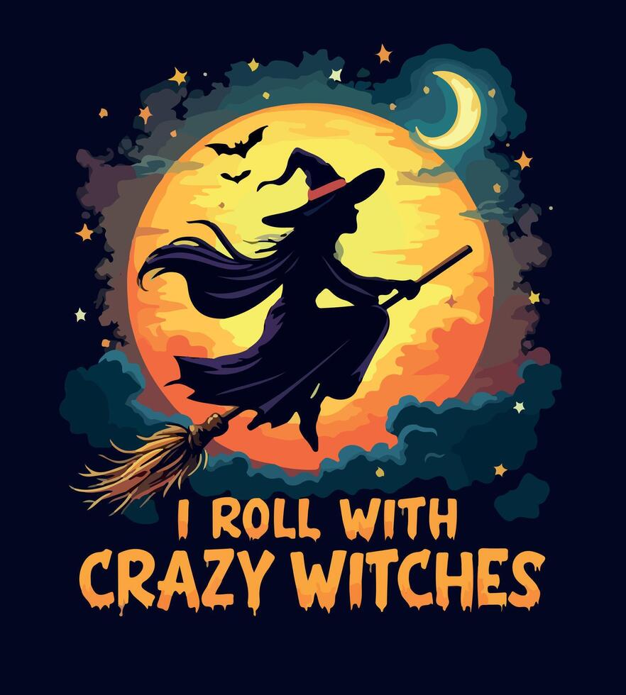 a witch with a witch on her hat is flying with witch witchs. vector