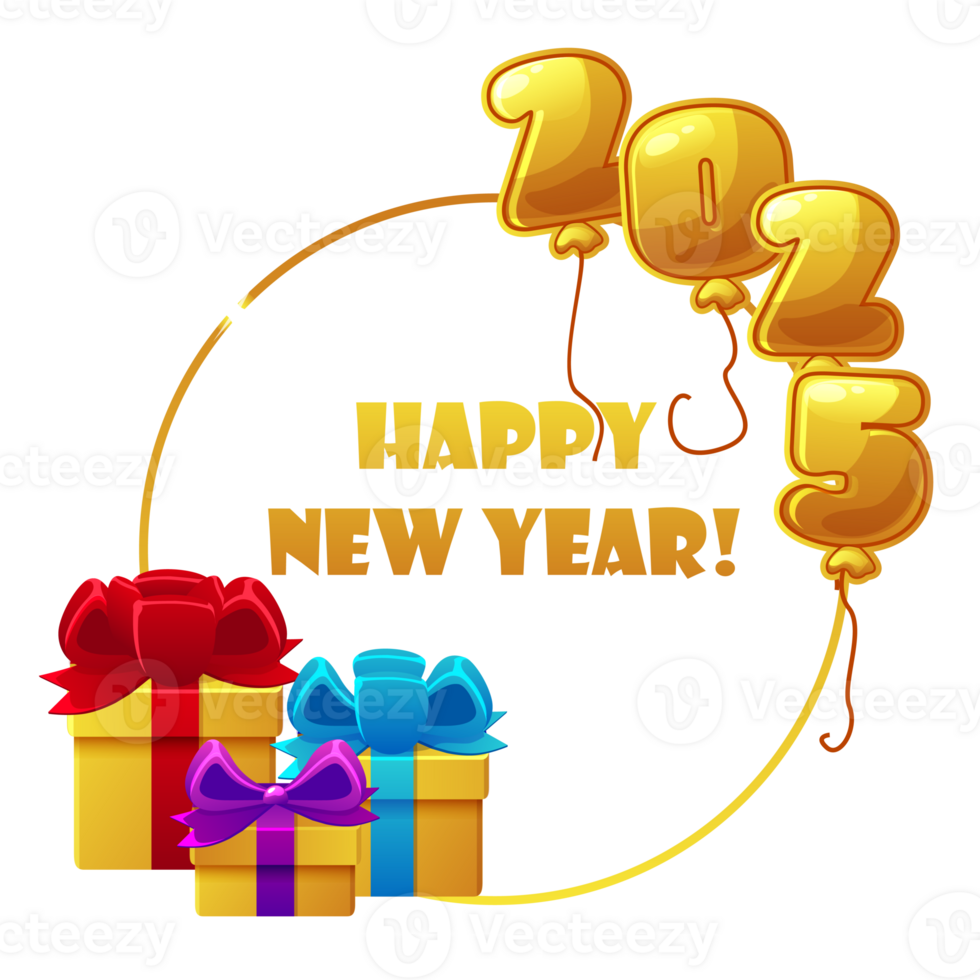 Happy New Year greeting card with gold balls and gifts. Happy new year 2025. Holiday banner with an inscription for graphic design. png