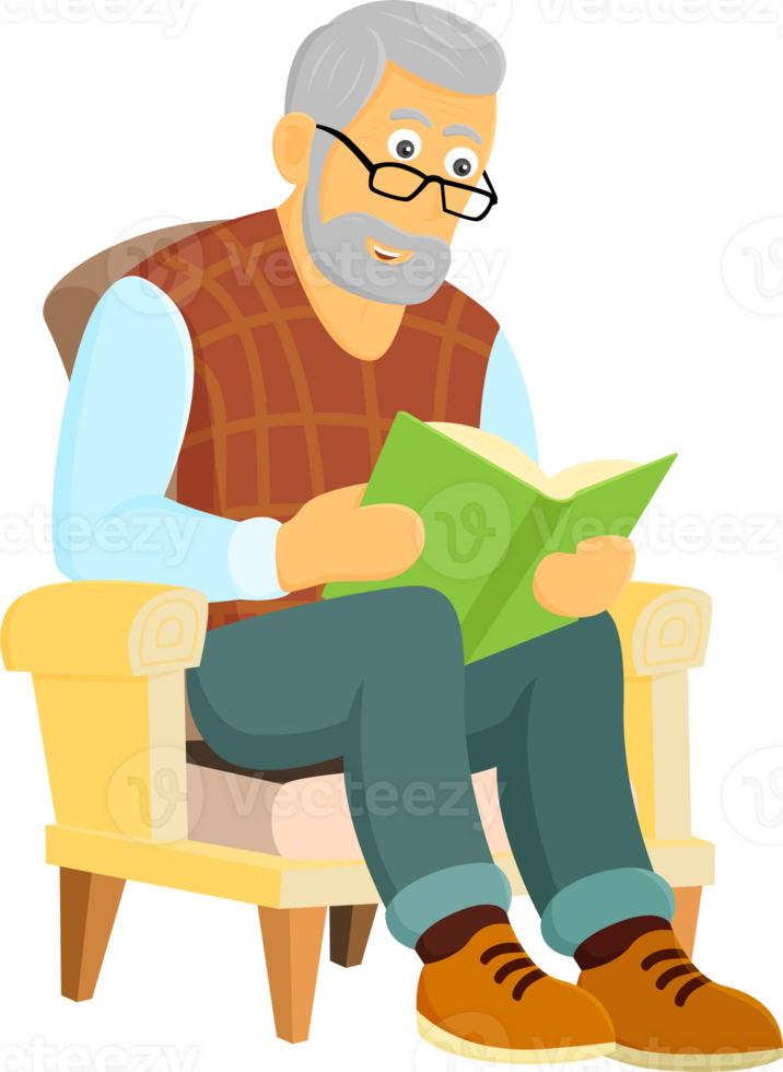 Grandpa reads a book. png