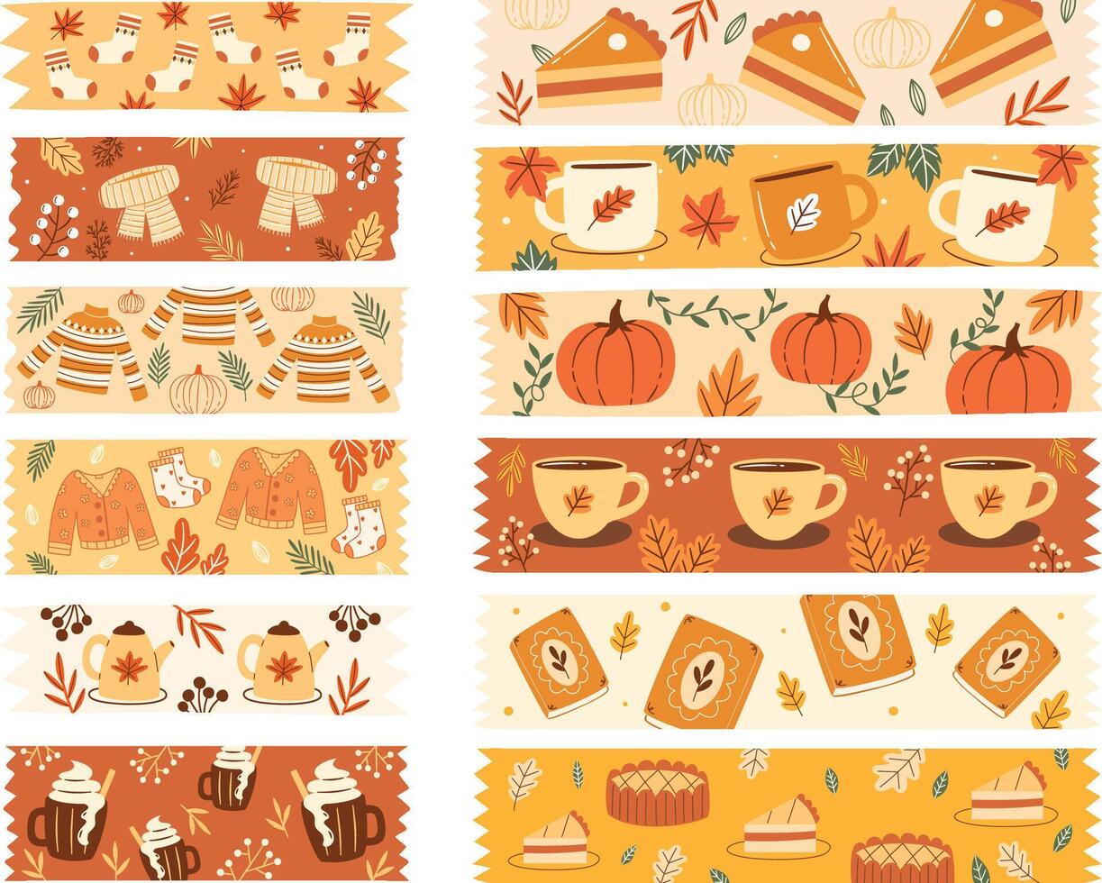 Cozy autumn pattern collection featuring seasonal elements like sweaters pumpkins and warm drinks decorative tapes vector