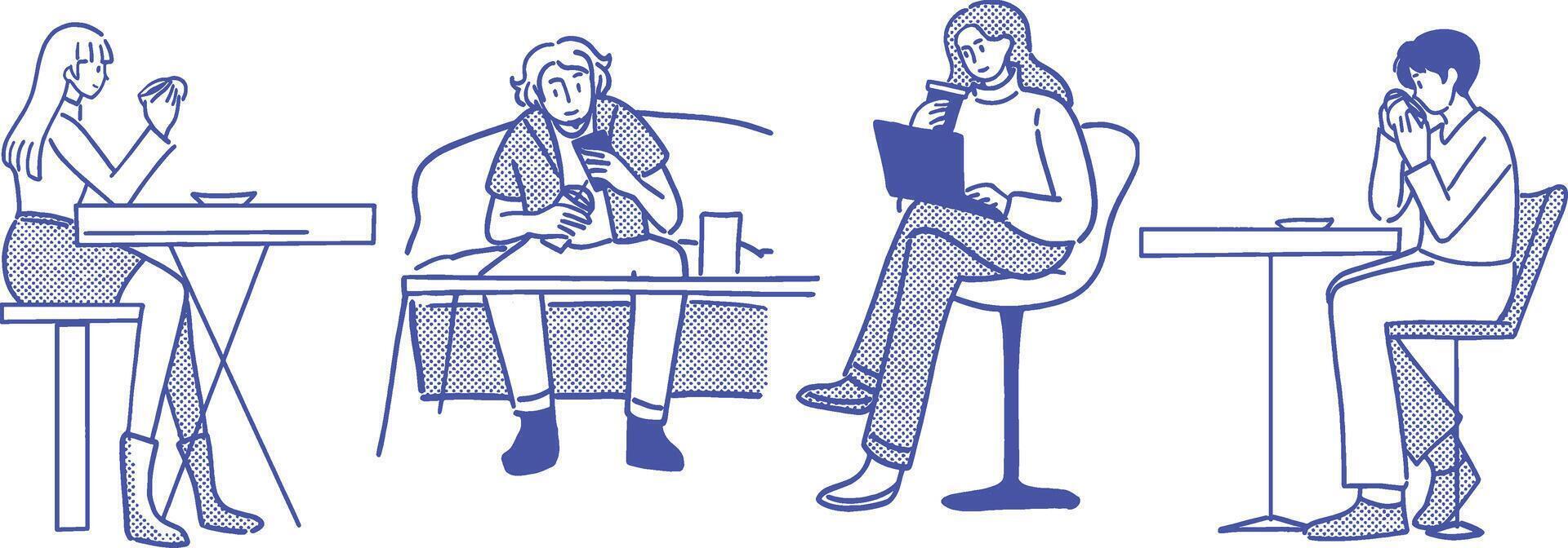 Halftone Style People Enjoying Coffee and Socializing in a Modern Cafe Scene vector