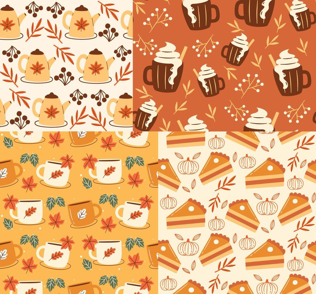 Cozy Autumn Seamless Pattern with Fall Beverages Pumpkin Pies and Warm Seasonal Elements vector