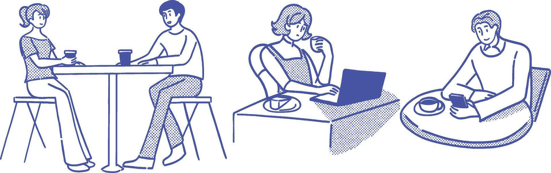 Halftone Style People Enjoying Coffee and Socializing in a Modern Cafe Scene vector