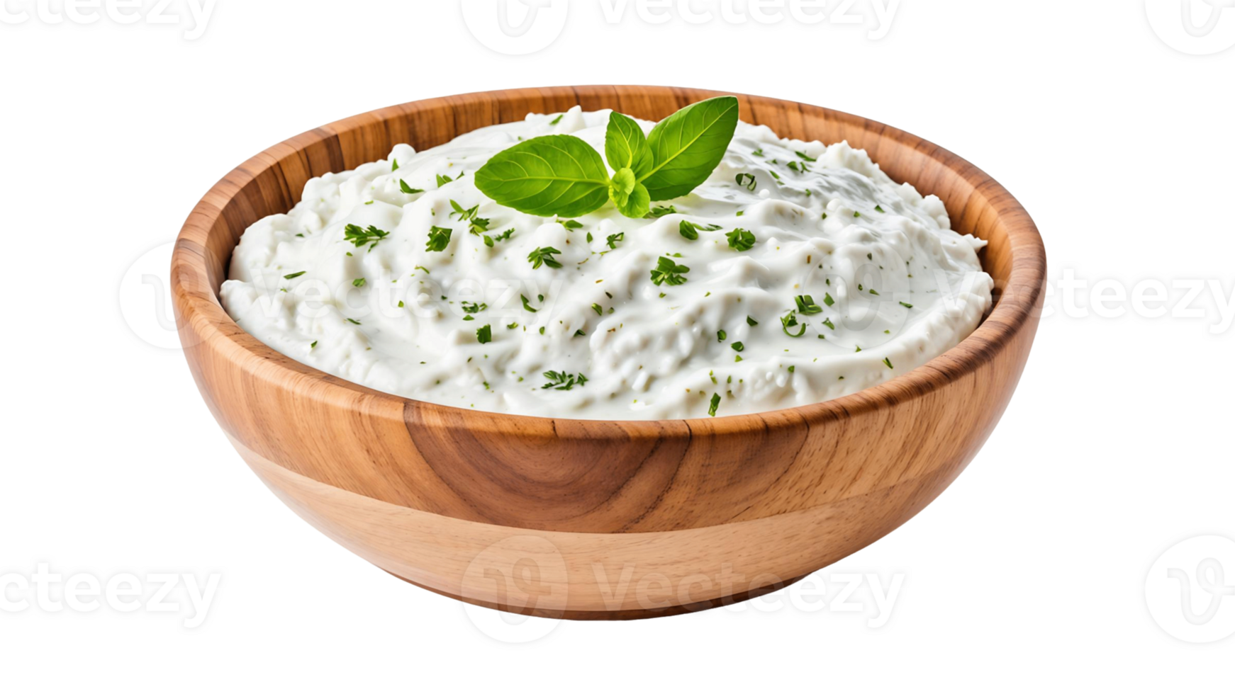 Delicious Tzatziki Sauce in a Wooden Bowl Isolated on Transparent Background png
