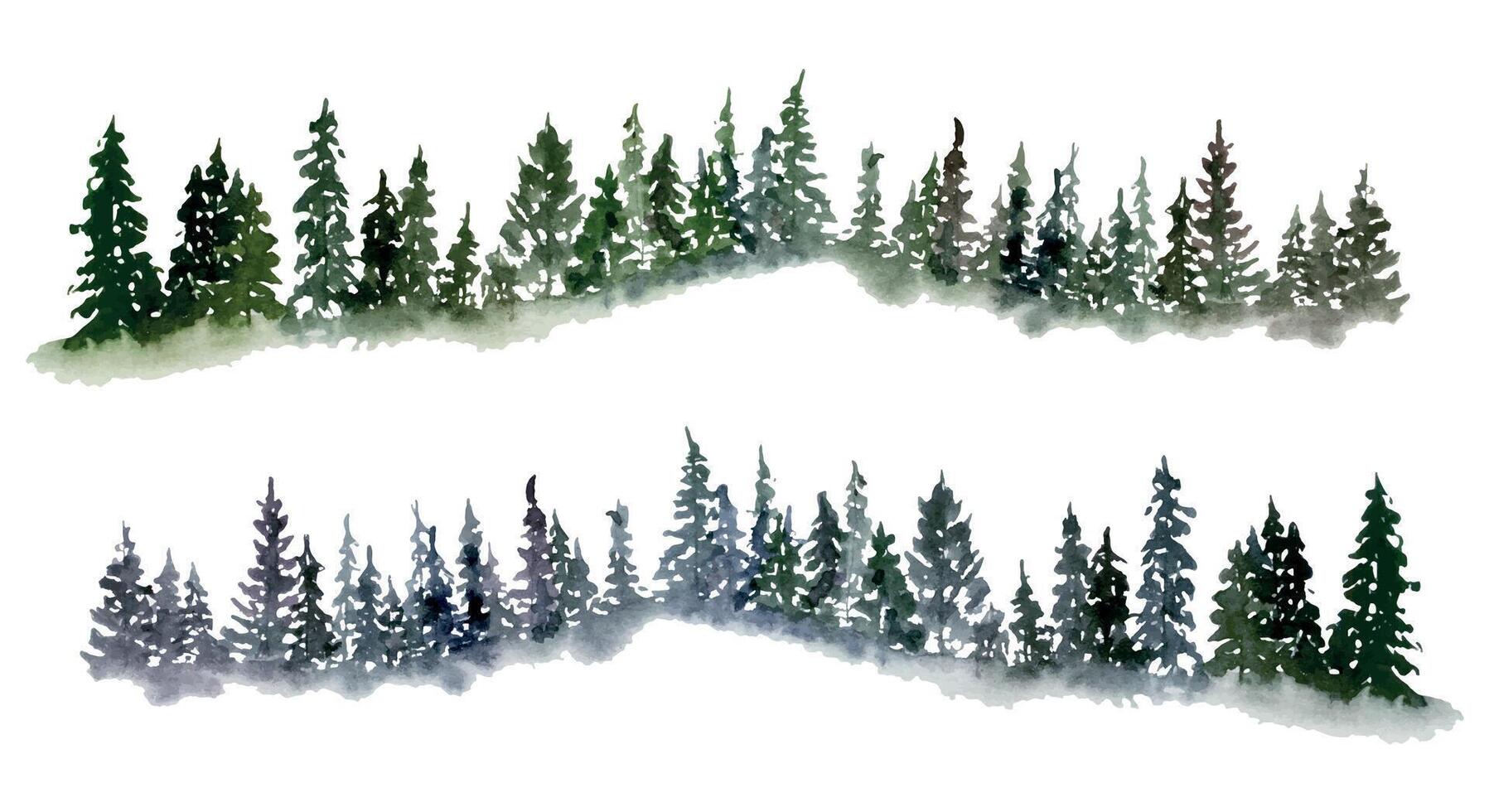 Scenery landscape coniferous forest fir spruce trees, mountains hills alpine vista, cloudy sky hand drawn in watercolor. Single isolated element for tourism, resort ads, hiking camping sites vacation. vector