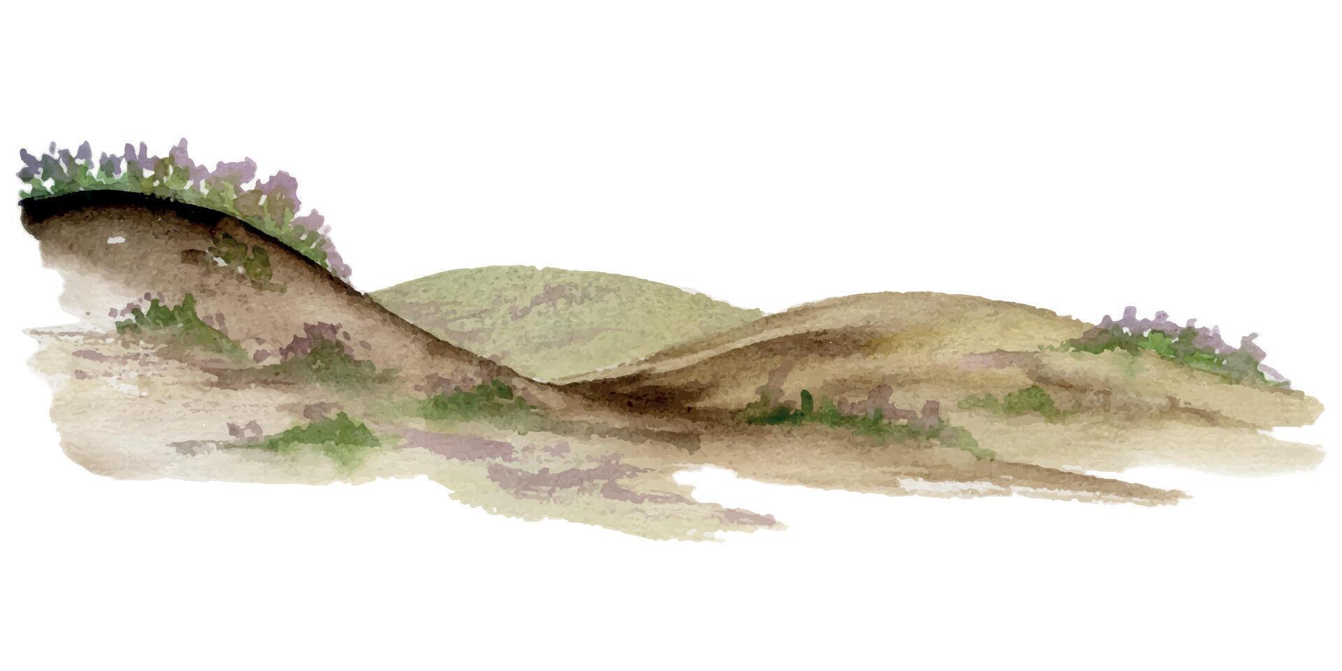 Scenery landscape ground, rolling hills with flowers, meadow field moorland prairie. Single isolated element, watercolor hand drawn for tourism, resort ads, hiking camping sites vacation, nature maps. vector