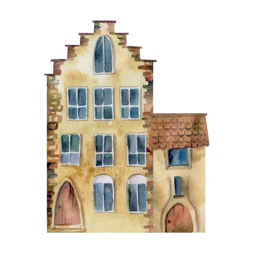 Old European city town street houses, urban exterior facades. Historical cityscape building. Watercolor hand drawn illustration. For tourist shops, souvenirs, travel brochures, architectural bureau vector